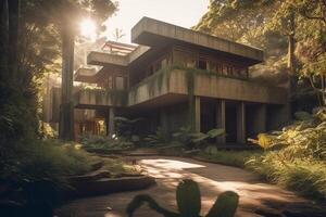 inspired new house in the brasilian jungle, brutalist, waterfalls, concrete, late in the day, sunshine through trees, view from parking towards glass patio, wide shot. photo