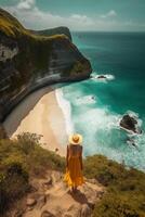 en pie mujer vistiendo verano amarillo mirar, mejor playas ai generativo foto