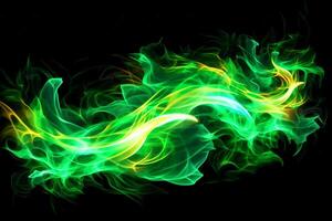 Drawn neon color green, Burning flame background material abstract hand. photo