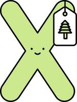 Cartoon X Alphabet With Xmas Tree Tag Words Icon In Green Color. vector