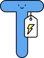 Cartoon T Alphabet And Thunder Words Tag Icon In Blue And Yellow Color. vector