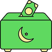Crescent Moon Symbol Money Donation Box Green And Yellow Icon. vector