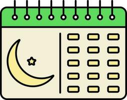 creciente Luna símbolo calendario verde y amarillo icono. vector