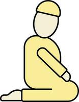 Cartoon Muslim Man Sitting In Praying Pose Yellow Icon. vector