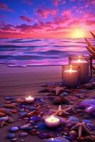 Romantic exotic beach with shells and sunset, sunset of purples and blues. photo