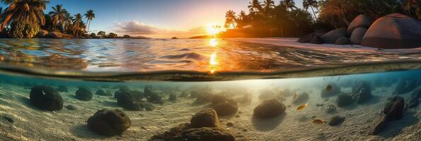 Photograph of beautiful inviting beach scene with sunset sky. photo