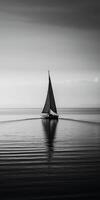 white image of a lone sailboat on a calm sea, photo