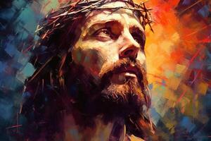 Jesus with a crown of thorns surrounded by glowing light Palette knife drawing. photo