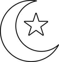 Black Thin Line Art Of Crescent Moon With Star Icon. vector