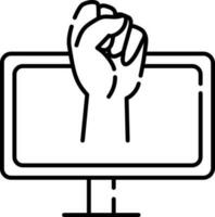 Black Outline Raised Fist Hand With Computer Icon. vector