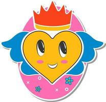 Sticker Style Heart Angel With Crown On Pink And White Background. vector