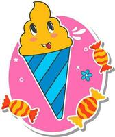 Sticker Style Ice Cream Cone With Toffee, Flowers On Pink And White Background. vector