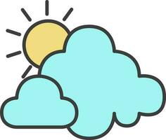 Sun Behind Clouds Icon In Turquoise And Yellow Color. vector