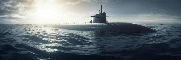 Generic military nuclear submarine floating in the middle of the ocean. photo