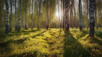 Birch grove in spring on sunny day with beautiful carpet of juicy green young grass and dandelions in rays of sunlight, photo