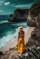en pie mujer vistiendo verano amarillo mirar, mejor playas ai generativo foto