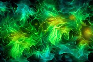 Drawn neon color green, Burning flame background material abstract hand. photo