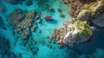 An aerial shot of a tropical island's lagoon, with shallow turquoise waters and coral formations creating intricate patterns beneath the surface. photo