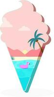 Vector Ice Cream Cone Shape With Beach Side, Sunshine In Pink And Blue Color.
