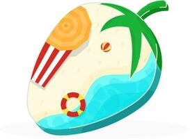 parte superior ver de playa lado con paraguas, cama solar, boya salvavidas, pelota en fresa forma ilustración. vector