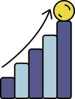 Growing Money Coin Bar Graph Icon In Yellow And Blue Color. vector