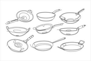 frying pan continuous line art vector set illustration