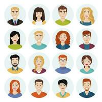 Set of avatars of different smiling people. Collection of characters of men and women in round frames. Isolated vector illustrations