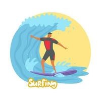 Surfing. A man glides on a wave while standing on a board. Isolated on white background. Water sport. Vector flat illustration