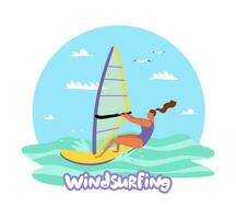 Windsurfing. A woman controls a board with a sail on the water. Water sailing sport on the sea, ocean, lake. Vector flat illustration.