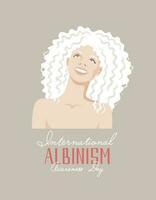 retrato de un albino africano mujer. positivo cuerpo concepto. dibujado a mano texto. internacional albinismo conciencia día, junio 13 vector plano ilustración