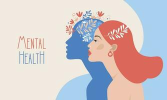 Mental health, happiness, harmony with yourself concept. Woman's head with flowers inside. Positive thinking, self care idea. Flat cartoon vector illustration