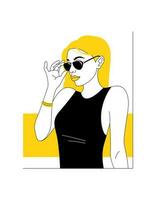 Portrait of a pretty woman in glasses in an abstract frame. Yellow. The concept of style, fashion. Hand drawn in line style, doodle, vector illustration.