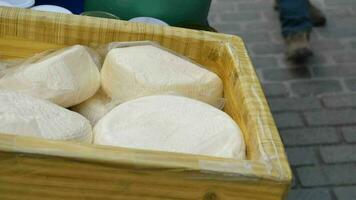 selling cheese in a wooden box at street in istanbul, video