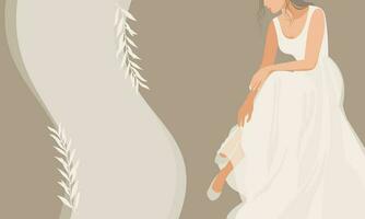 Abstract beautiful woman is sitting in a delicate wedding dress. Place for text made from leaves. Wedding salon concept. Vector simple illustration