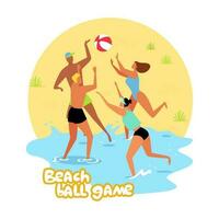 un grupo de gente, amigos jugar pelota en el playa, activo juegos en vacaciones. vector plano ilustración aislado en blanco antecedentes.