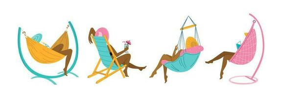 verano colocar. bonito mujer son sentado en un hamaca, en un colgando silla, en un coche postal largo, un capullo silla. verano vibras. recreación en naturaleza, en el mar. vector plano ilustración