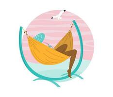 A woman in a swimsuit and a hat in nature lies in a hammock. A seagull is flying. Relaxation, summer vibes. Vector flat illustration