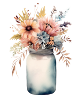 vas med torkades blommor sublimering vattenfärg t-shirt design, transparent bakgrund, ai genererad png