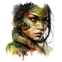 Girl Neon Jungle Warrior watercolor t-shirt design, transparent background, png