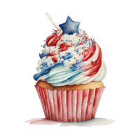 4e van juli cupcakes reeks snoepgoed voedsel. Verenigde Staten van Amerika gelukkig onafhankelijkheid dag suikerglazuur muffin met rood en blauw sterren, vlag, cilinder hoed ai generatief png