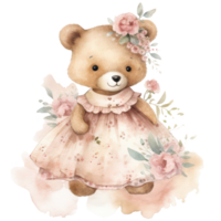 Cute Girl Teddy Bear watercolor t-shirt design, transparent background, png