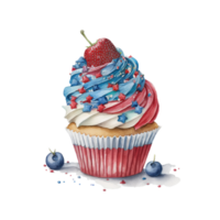 4to de julio magdalenas conjunto dulces alimento. Estados Unidos contento independencia día Formación de hielo mollete con rojo y azul estrellas, bandera, cilindro sombrero ai generativo png