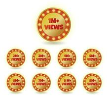 Set of 1 million views to 9 million views gold badge sticker clipart vector illustration