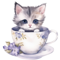 mignonne tasse à thé chaton aquarelle T-shirt conception, transparent arrière-plan, ai généré png