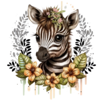 floral safari bebé animales acuarela camiseta diseño, transparente fondo, ai generado png