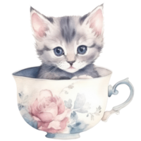 Cute Teacup Kitten watercolor t-shirt design, transparent background, png