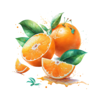 Aquarell Orangen Früchte. Zitrusfrüchte einstellen mit Hälfte ,Scheiben und Orange Saft ai generativ png