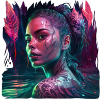 Girl Neon Jungle Warrior watercolor t-shirt design, transparent background, png