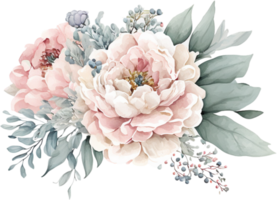 Dusty Blue and Pink Blush pink rose, ranunculus, dahlia, peony, hydrangea, juniper, protea flowers watercolor t-shirt design, transparent background, png