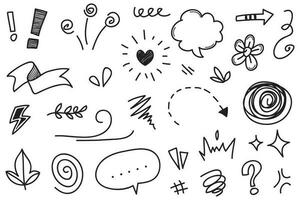 Conjunto de vectores de doodle de signo de expresión de dibujos animados dibujados a mano, flechas direccionales de curva, elementos de diseño de efectos de emoticonos, símbolos de emoción de personaje de dibujos animados, lindas líneas de trazo de pincel decorativo.